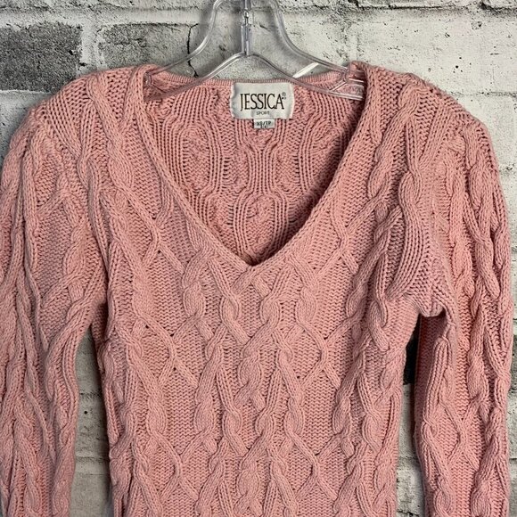 Vintage 90's Jessica Sport All Over Cable Knit V-Neck Pink Sweater - Picture 2 of 9